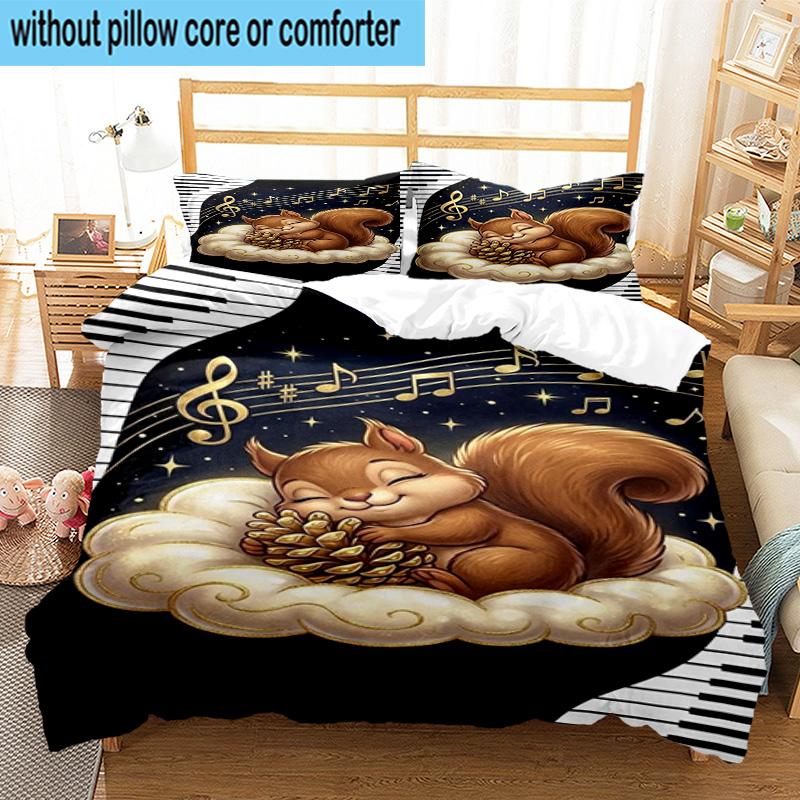 Squirrel Dreams Under Moonlight 3pcs Bedding,Including 1pc Duvet Cover And 2pcs Pillowcases Perfect for Christmas,Ideal for Bedroom, Dormitory