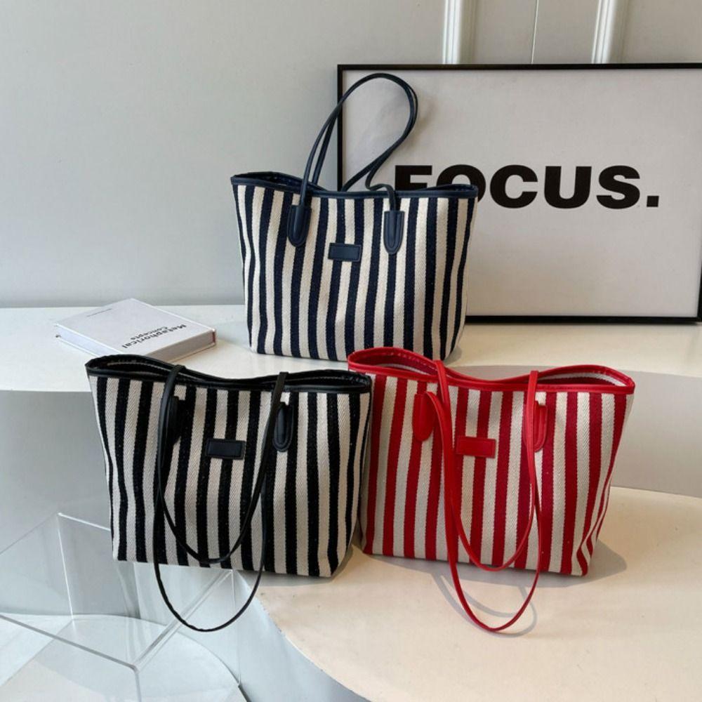 Zipper Shoulder Bag Korean Style Shopping Handbag Casual Stripe Canvas Tote Bag  Girls