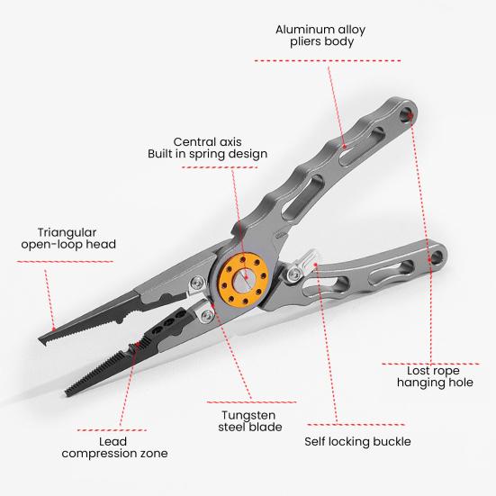 Плоскогубцы для рыбалки из алюминиевого сплава, эргономичная рукоятка, многофункциональный инструмент для открывания колец, резак для PE-лески, экстрактор крючков, ножницы для лески, рыболовные аксессуары