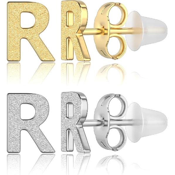2 Pairs Initial Stud Earrings for Women – 316L Hypoallergenic Surgical Steel, 14K Gold Plated Letter Earrings Set, Includes Anti-Piercing Silicone