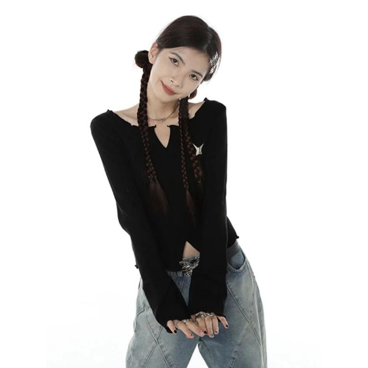 Y2K готические черные укороченные топы женские футболки в стиле Харадзюку в стиле гранж с графическим рисунком винтажные тонкие футболки с длинными рукавами и v-образным вырезом Kpop Aesthetic