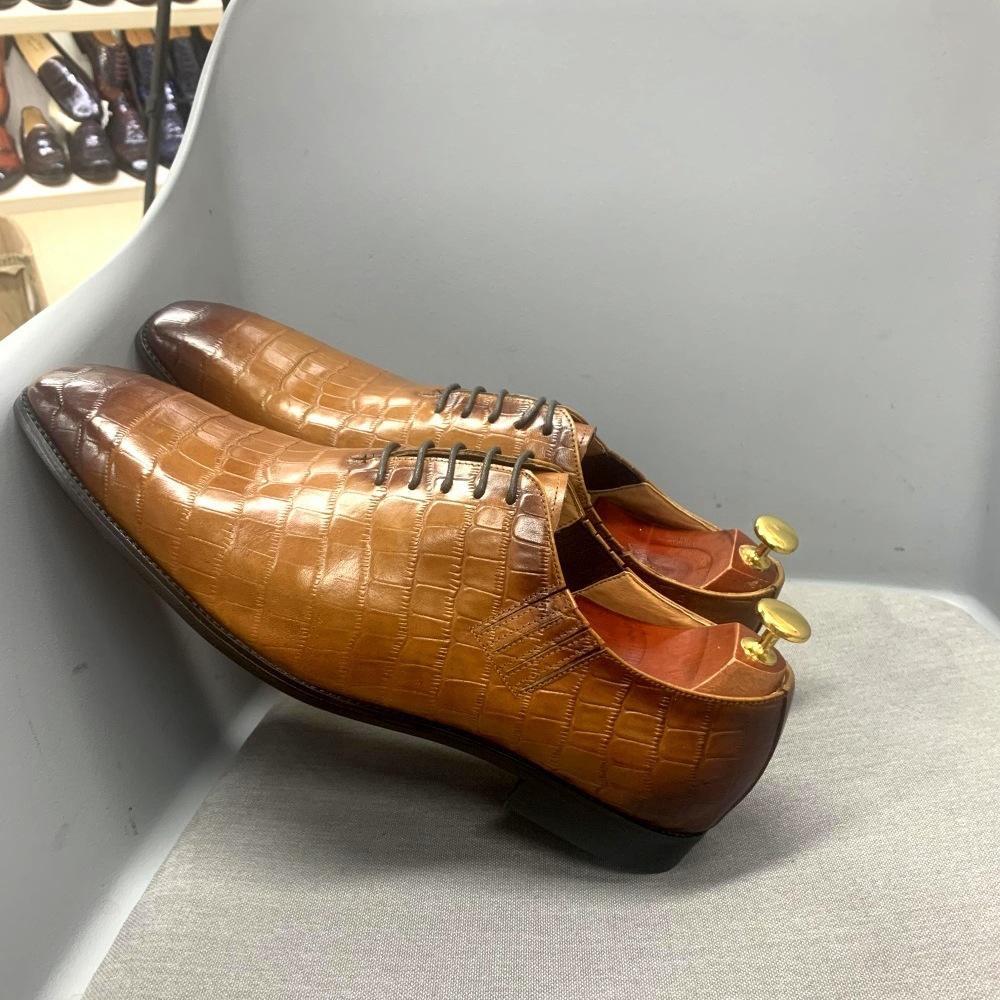 Men'S Pure‑Leather Oxford Shoes, European‑American Formal Business Footwear, Crocodile‑Embossed Handmade Shoes For Banquet & Office Occasions