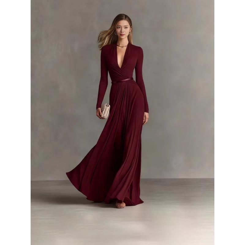 VEZFAA Women's Fashion Spring Autumn Solid Color Print Long Sleeve V-Neck High Waist Casual Dresses