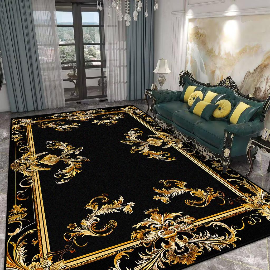 Home Decoration Luxury Black Living Room Rug Antiskid Golden Border Gaming Room Carpet Big Size Soft Entrance Door Mat Washable