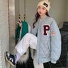 Womens Oversized Quilted Cotton Puffer Jacket Winter Warm Loose College Style Letter Embroidery Coat