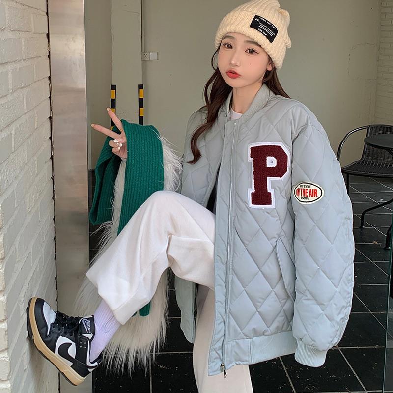 Womens Oversized Quilted Cotton Puffer Jacket Winter Warm Loose College Style Letter Embroidery Coat