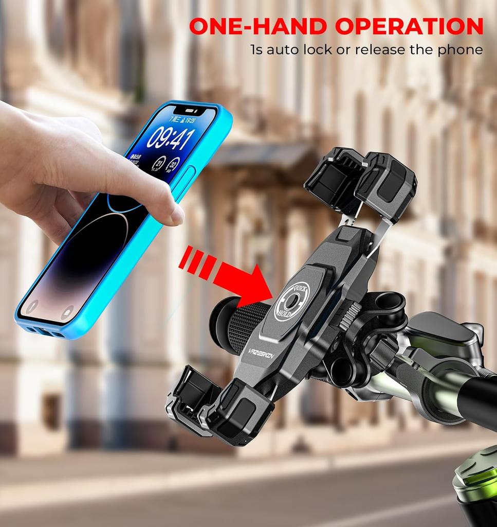 Motorcycle Phone Mount with Vibration Dampener, 1s Lock Bike Phone Holder with Aluminum Alloy Handlebar Mounting Base, One-Handed Operation