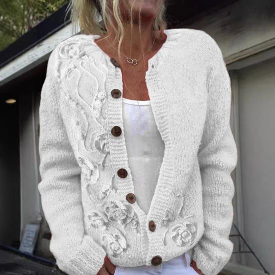 Women Sweater Cardigan Round Neck Long Sleeve 3D Flower Pattern Button Up Knit