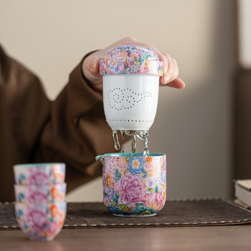 Palace style enamel color outdoor portable travel tea set ceramic express cup business company high-end gift set