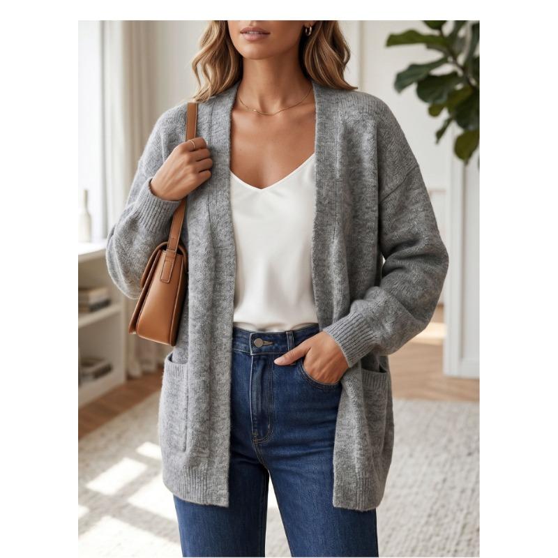 Women S Loose Knit Cardigan Gray Long Sleeve Sweater Coat Fashion Versatile