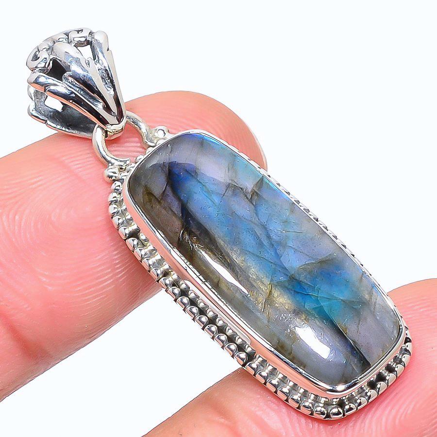 Natural Labradorite Gemstone 925 Solid Sterling Silver Gift Pendant 1.77" y1r52