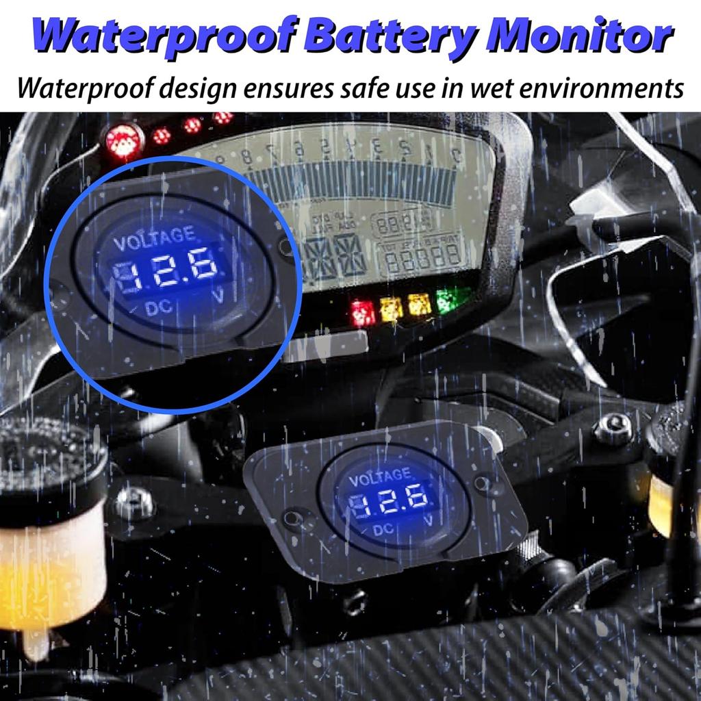 Car Battery Voltage Meter, Waterproof DC 12V 24V Digital Volt Meter, 12v Battery Monitor with LED Digital Display, Round Voltage Gauge for Car Truck