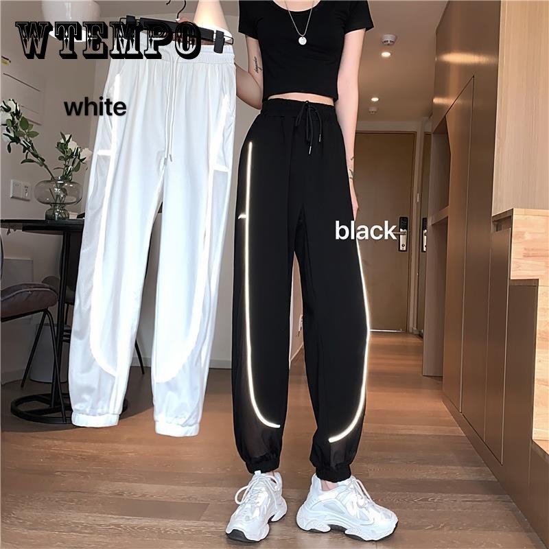 Сетчатые брюки со светоотражающими полосками, летние корейские тонкие повседневные брюки с высокой талией, женские спортивные брюки