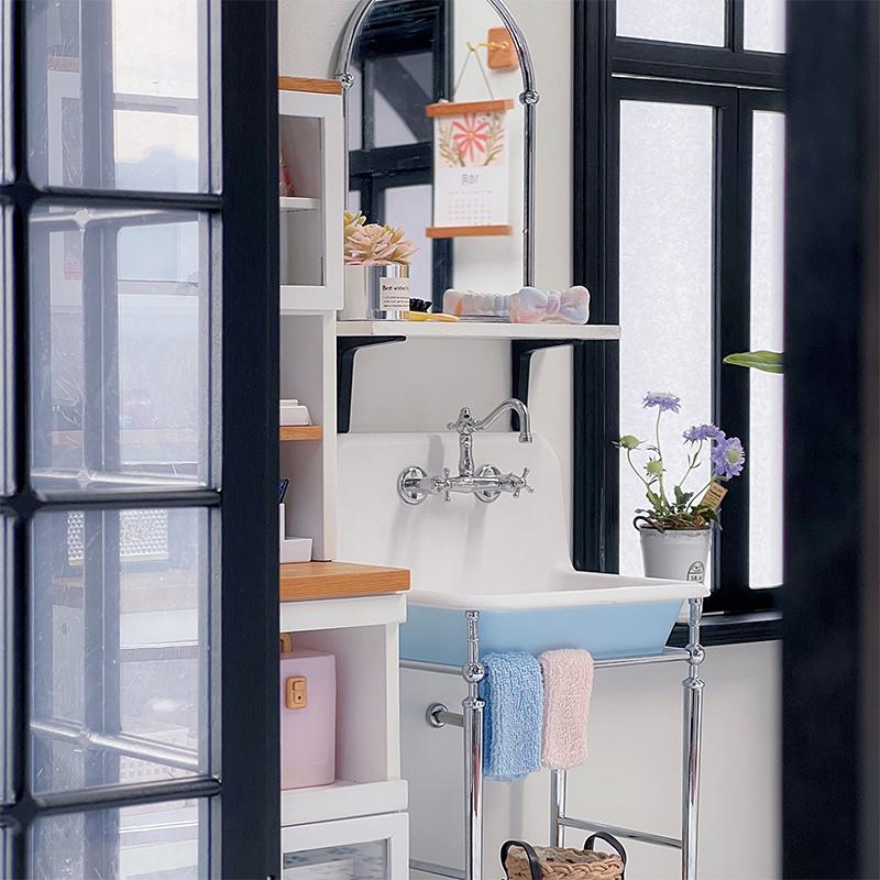 1:6 Dollhouse Miniature Kitchen Sink Lavatory Washbasin Water Faucet Bathroom Mirror Wash Sink Pot Model Diy Furniture Toy Decor