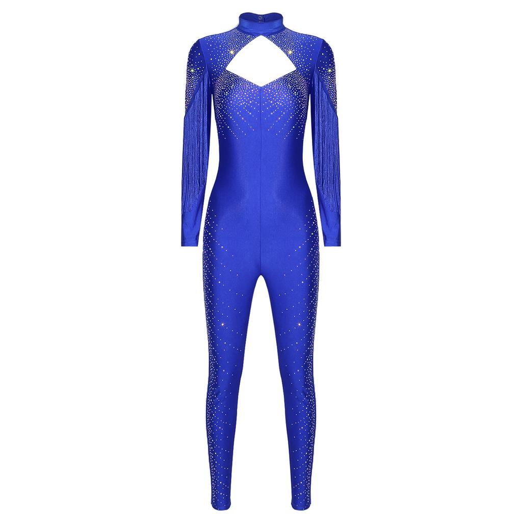 Womens Figure Skating Jumpsuit Glittery Rhinestone Long Sleeve Tassel Front Design Hollow Out Back One Piece Romper