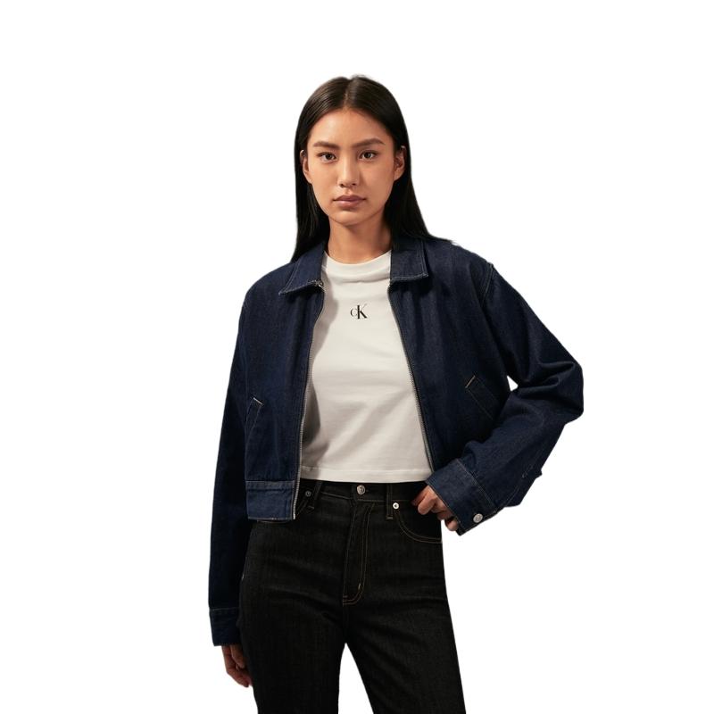 Calvin Klein Минималистская мягкая короткая джинсовая куртка с воротником-молнией, женские куртки темно-синего цвета J224382