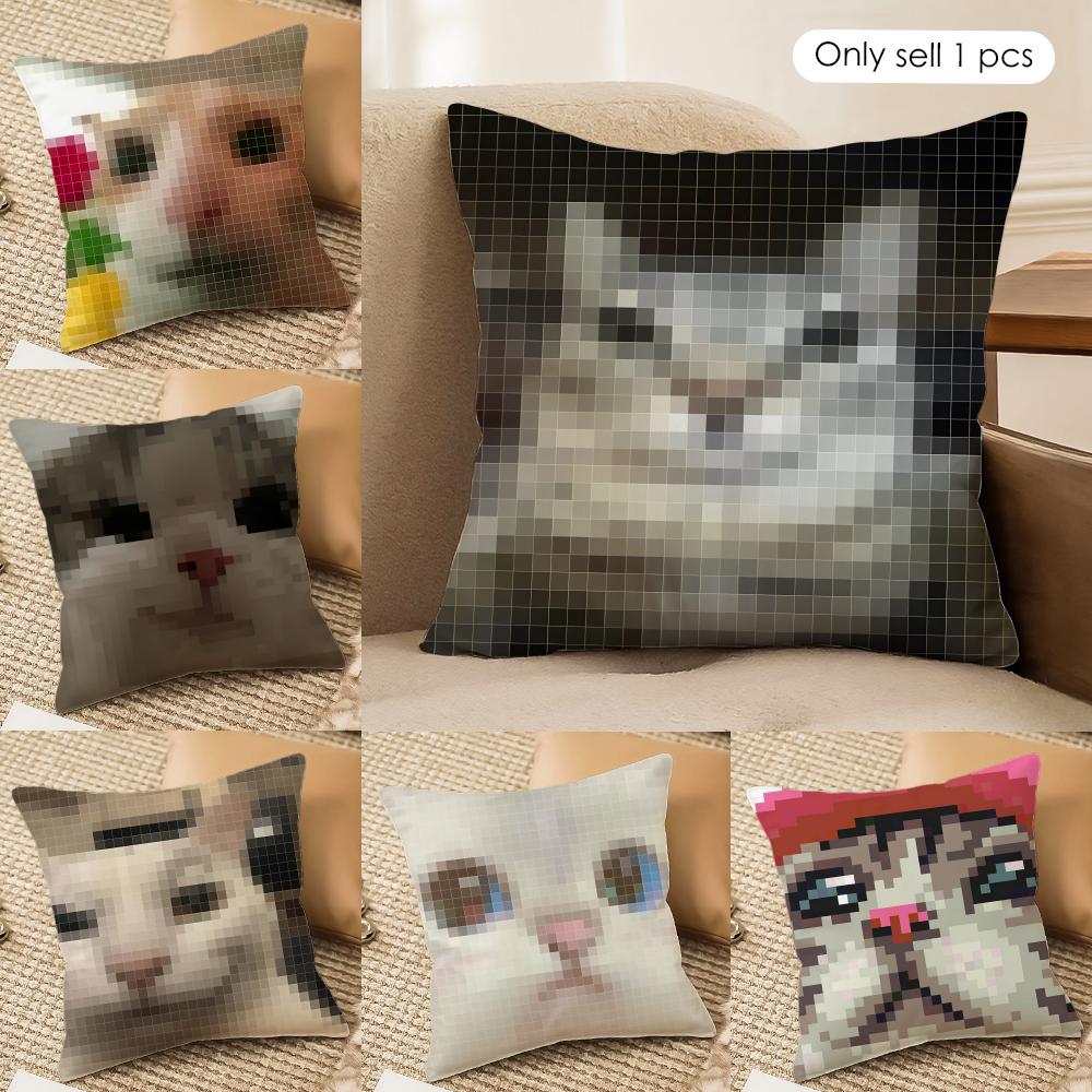 Meme Pixel Cat Cute Funny Cushion Cover Silky Short Plush Invisible Zipper Dustproof Sofa Pillow Case For Home Decor