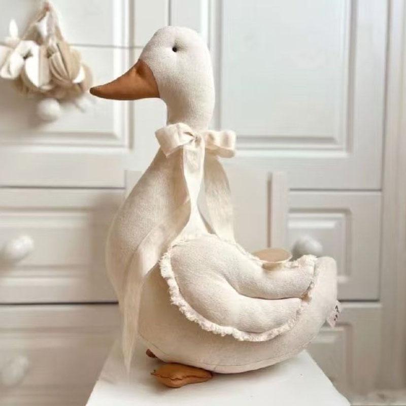 Nordic Style Fabric Duck Plush Cushion Cute Squishy Linen Stuffed Duck with Bow Nice Home Decor Mother's Day Gift for Ladies