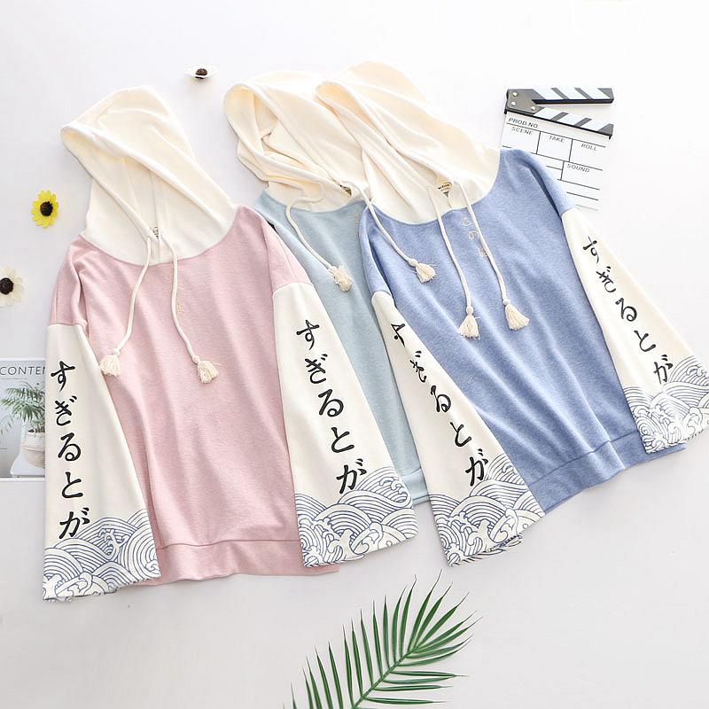 Anime Print Women Hoodies Students One Size Sweatwear Loose Color Matching Raglan Sleeves Printed Hooded Pullover Japanese Top