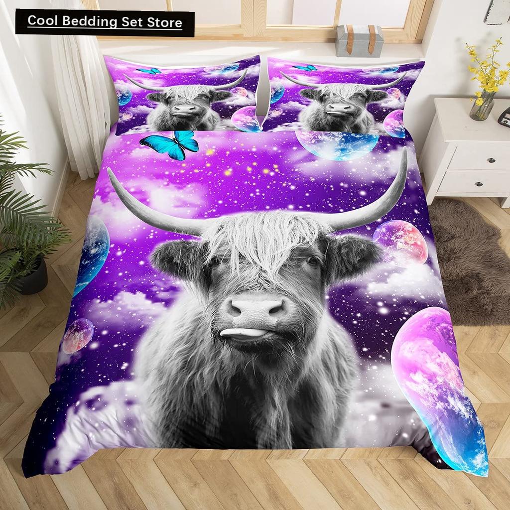 Highland Cow Flower King Queen Duvet Cover Cattle Rose Bedding Set Western Animal Comforter Cover Farmhouse Bull Quilt Cover