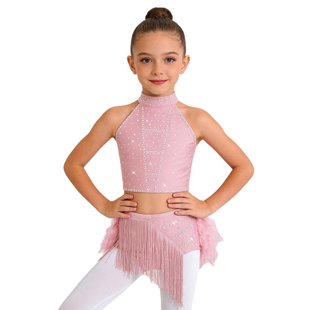 Блестящий костюм для танца с кисточками и перьями для девочек: Укороченный топ-халтер со спинкой на бретельках и юбка с эластичным поясом для сценического выступления