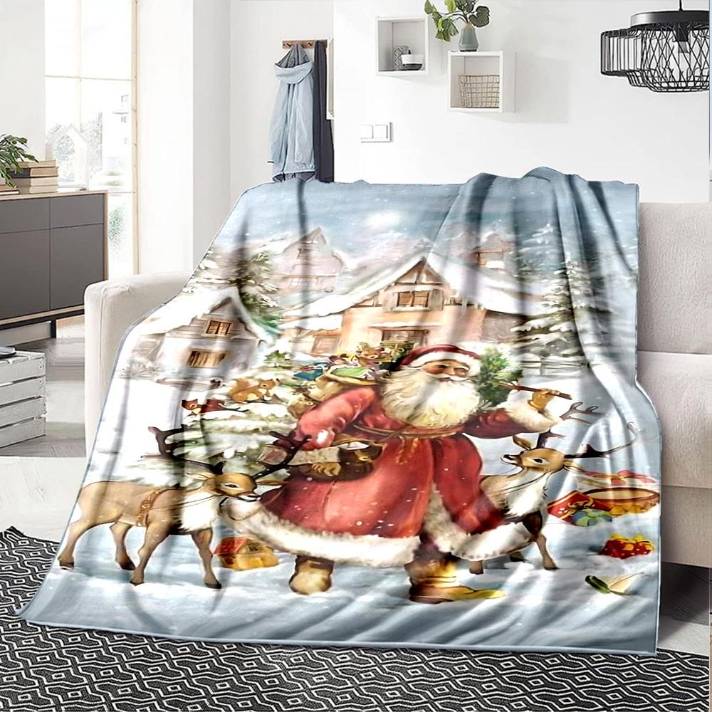 1pc Santa Claus, snowy village blanket Lightweight Flannel Throw for Sofa Bed Travel Camping Livingroom Office Couch Chair