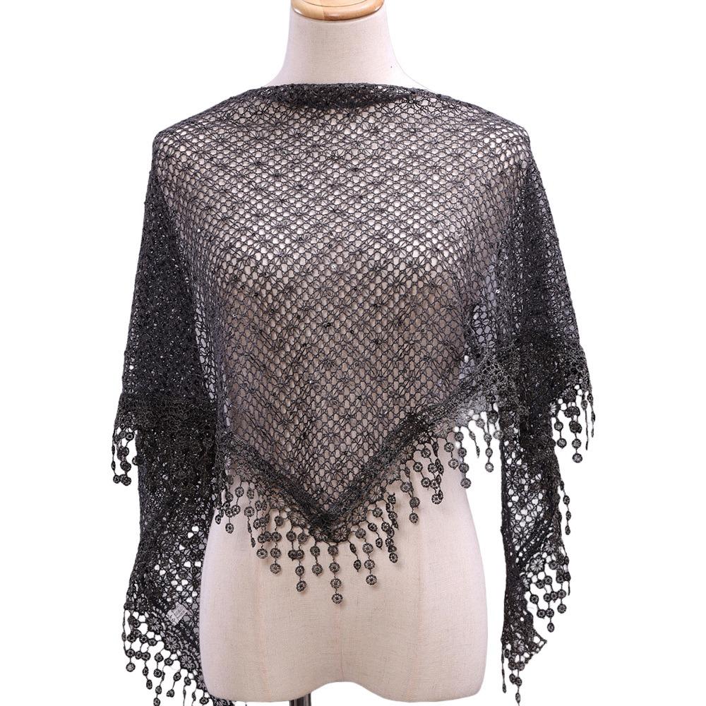 Breathable Tassels Lace Head Scarf Elegant Lace Flower Polyester Hollow Triangle Scarf Triangular Sequin Decor Scarf