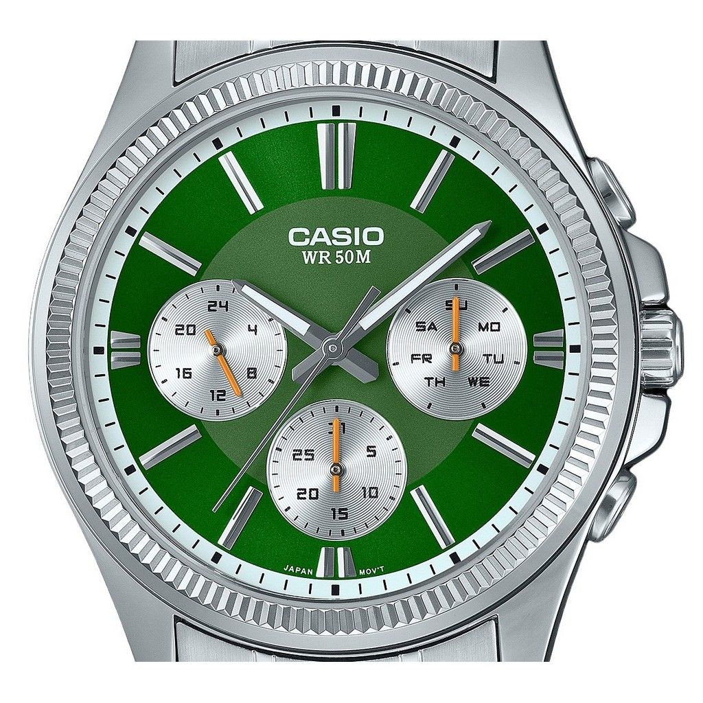 Casio Аналоговые кварцевые мужские часы Enticer из нержавеющей стали с зеленым циферблатом MTP-1375D-3