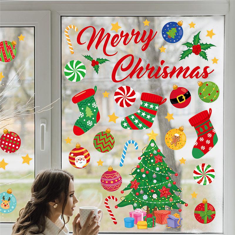 Christmas Wall Decals Christmas Tree Wall Stickers Xmas Ball Fireplace Decals Stickers Removable Merry Christmas Wall Decoration
