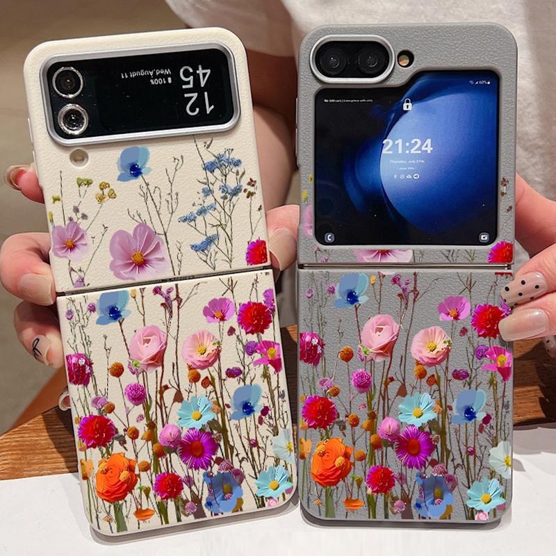 For Samsung Galaxy Z Flip 6 5 4 3 5G Luxury Leather Phone Case Retro Flowers Soft TPU Folding Cover For Samsung Z Flip5 Flip3