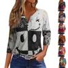 Women's Fashion Button-Up V-Neck Three-Quarter Sleeve Halloween Print Top