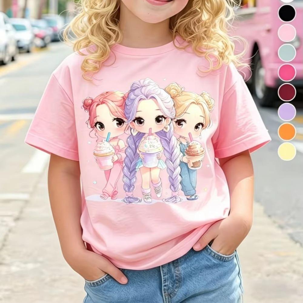Детская Популярная K-pop Мультяшный Принт Футболка Топы Одежда Дизайн Повседневный Стиль Харадзюку Круглый Вырез Короткий Рукав Одежда для Девочек
