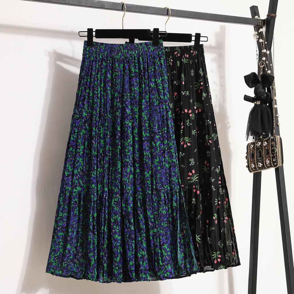 Plus-Size Pleated Chiffon Floral Skirt: 2024 Summer Retro Fashion