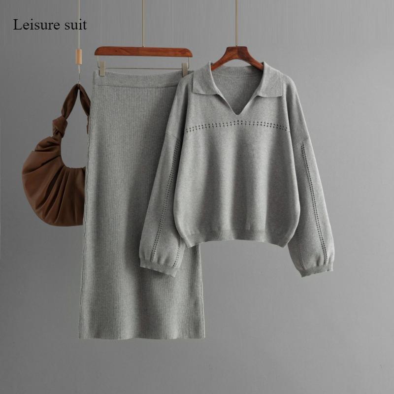Autumn and Winter New Knit Sweater Set POLO Collar Ladies Simple Trend V-neck Solid Color Loose Slim Dress