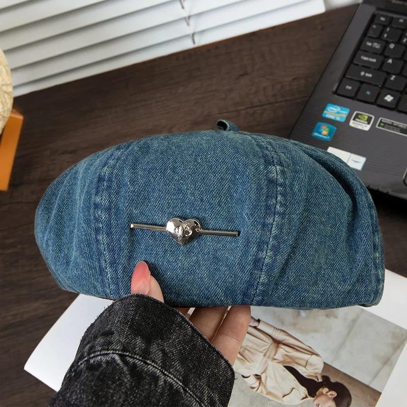 Love Metal Sign Cowboy Berets for Women Blue Denim Washed Cotton Octagonal Painter Hat Korean Casual Versatile Retro Newsboy Cap Vintage Painter Hats