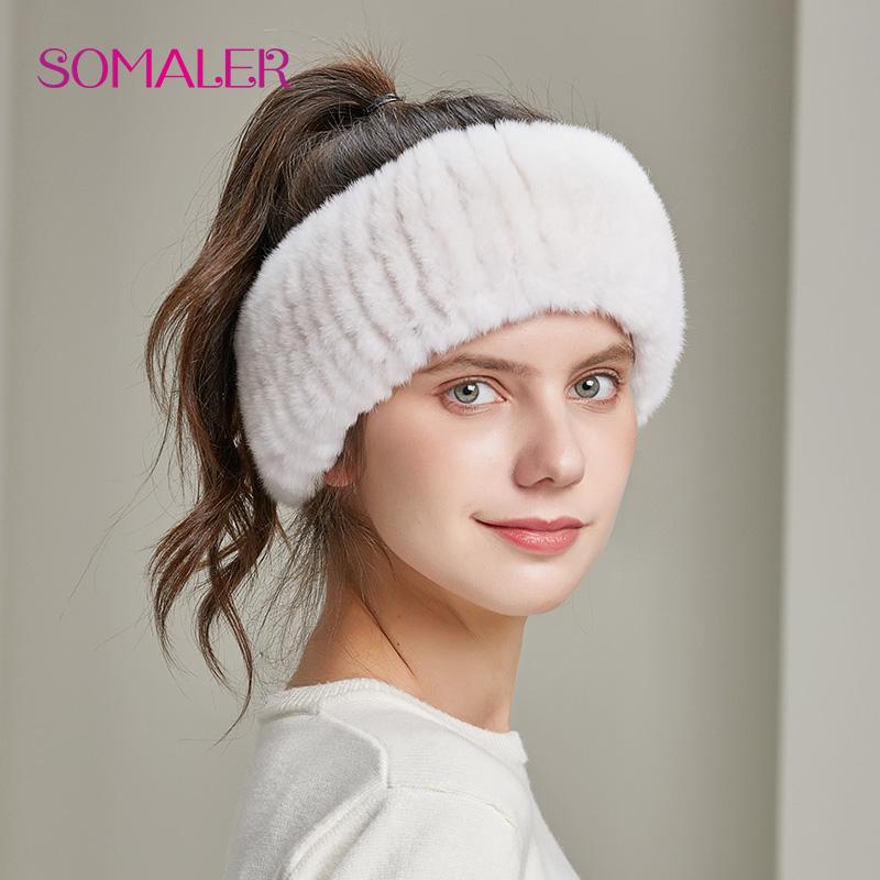 SOMALER Winter Real Rabbit Fur Headband for Women Knitted Rex Rabbit Fur Head Wrap Womens Ear-warmer
