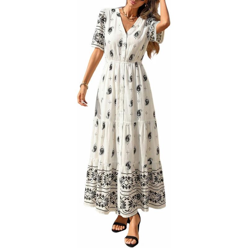 European and American bohemian short-sleeved dress women's summer new fashion V-neck elegant beach skirt