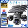AIOOK Triple Lens 4G CCTV HD 15MP Solar Camera Outdoor Waterproof V380 Pro Camera Mobile Tracking Night Vision Lights Alarms