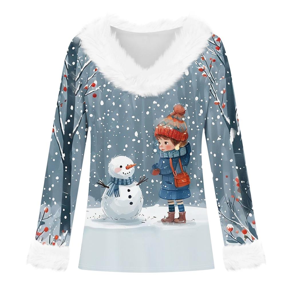 Women's Fashion Casual Long Sleeve V-Neck Christmas Printed Plush Top