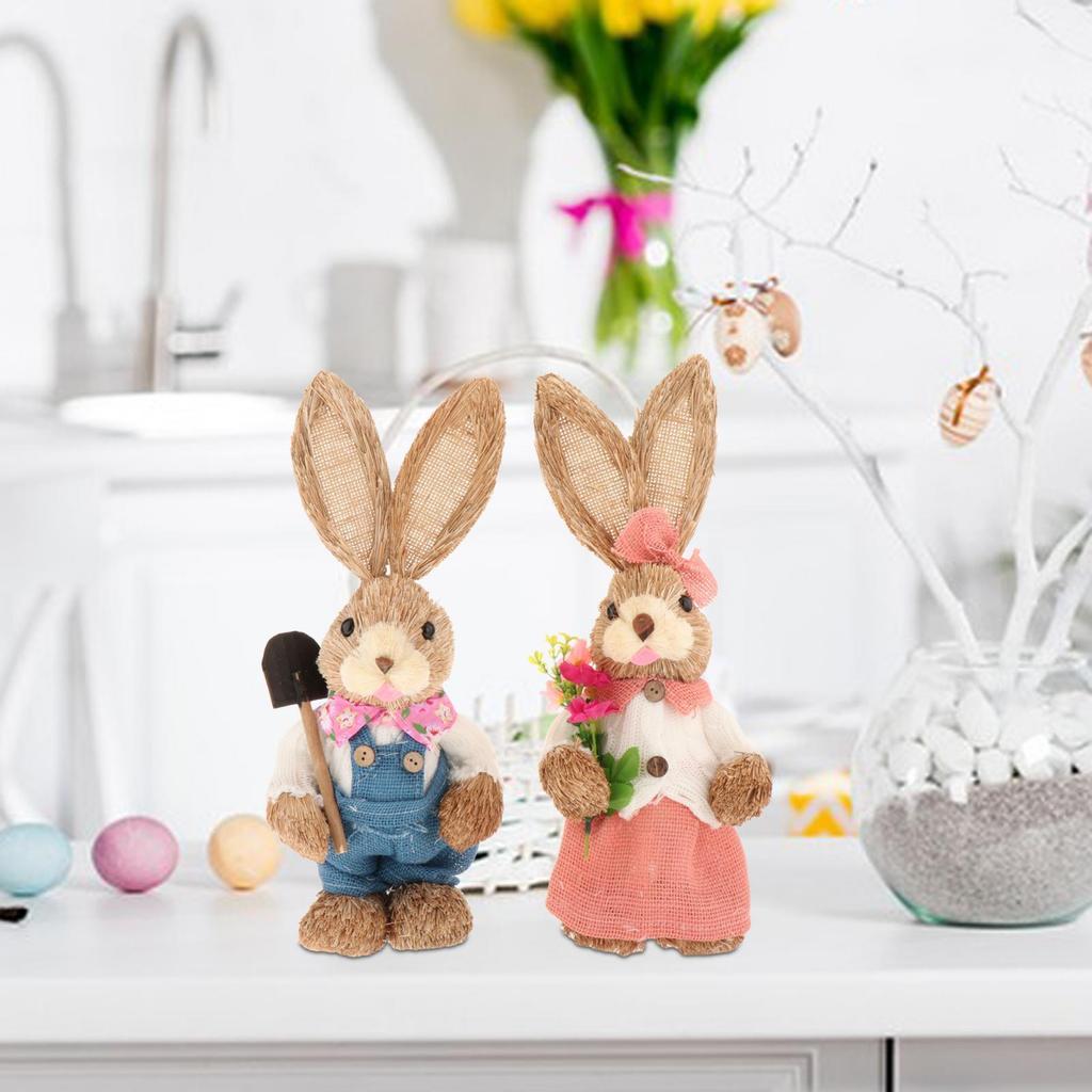 2x Artificial Straw Rabbit Souvenir Bunny Figurine Easter Straw Bunny Ornaments for Easter Holiday Party Household Decoration