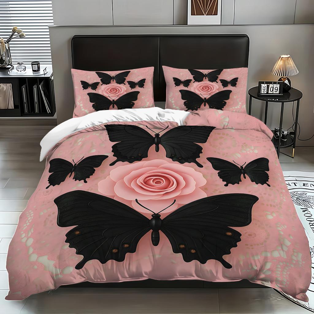 3pcs Pink Floral Butterfly Pattern Duvet Cover Set, 1 Duvet Cover+2 Pillowcases, Coreless. Soft and Comfortable Bedding Set