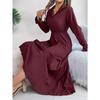 Women's Autumn and Winter Casual Lapel Button Long Sleeve Waisted Pleated Long Dresses