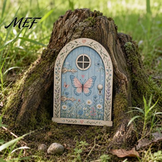 Fairy Gate for Tree Trunk Mini Wooden Door, 2D Flat Miniature Garden DIY Craft, Dollhouse Accessory, Wall Terrarium Decor Exquisite Ornament