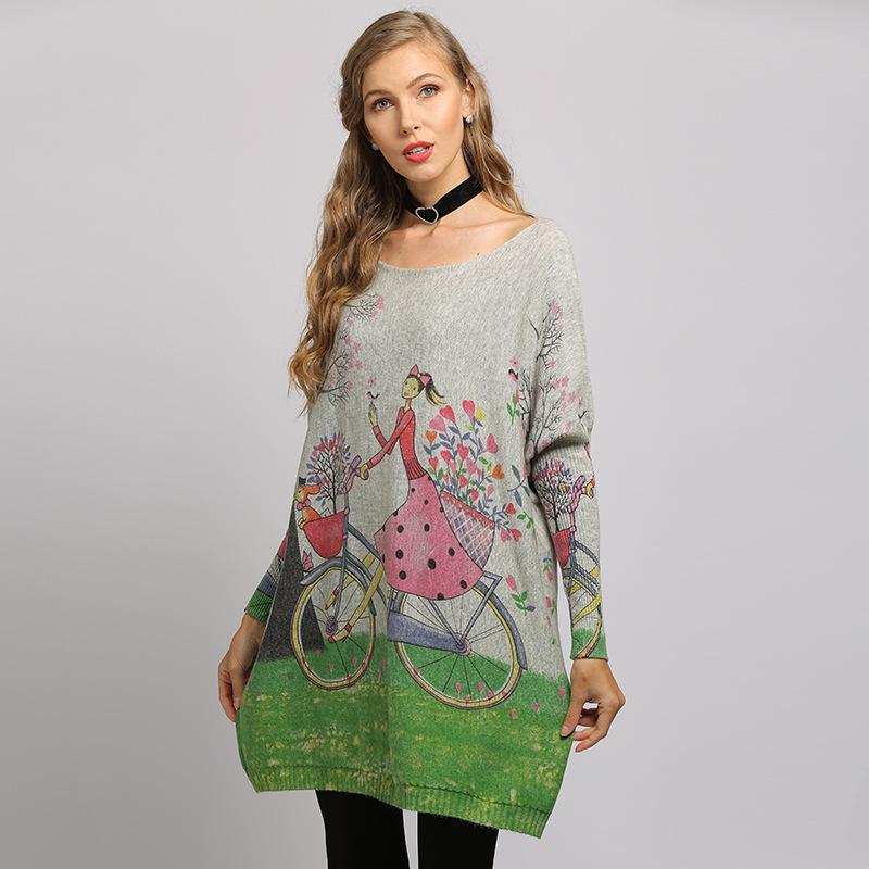 Spring and Autumn Women's Knitted Dress Knitwear Plus Size Loose Knitted Sweater Printed Bottom Outer Wear One Neck Pullover Sweater