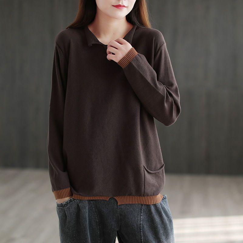 Plus Size Women's Spring Autumn Vintage Knitted Sweater Fake Two Pieces Loose Casual Bottoming Shirt Pullovers Tops