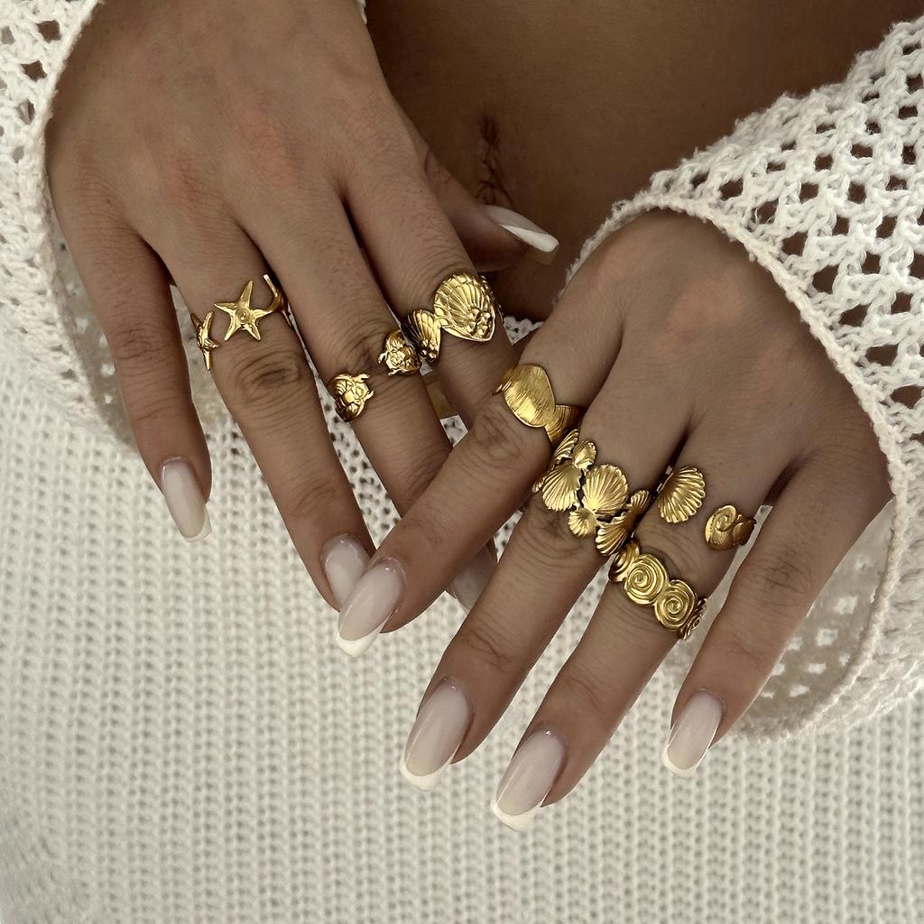 Vintage Gold Color Starfish Shell Rings for Women Stainless Steel Ocean Series Flower Stars Whale Adjustable Finger Ring Jewelry