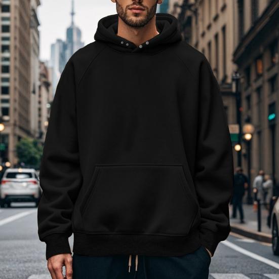 Men Hoodie Solid Color Sweatshirt with Hood Large Front Pocket Thickened Warm Pullover for Autumn Winter Street Sports Wear