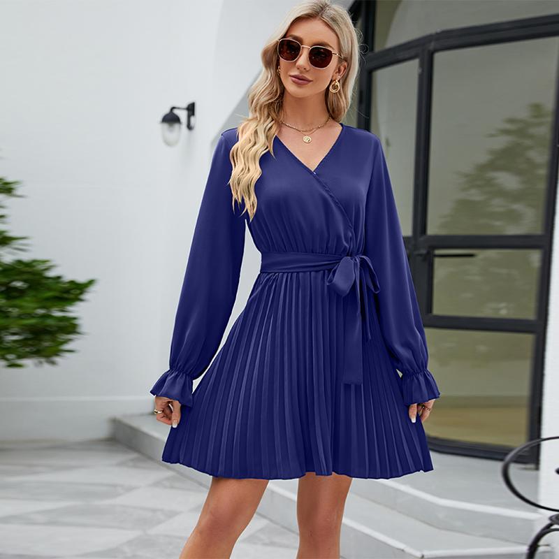 Solid Elegant Spring Dress Women Lace-up V-neck A Line Short Dress Summer 2026 Casual Pleated Long Sleeve Dresses Vestido 25154