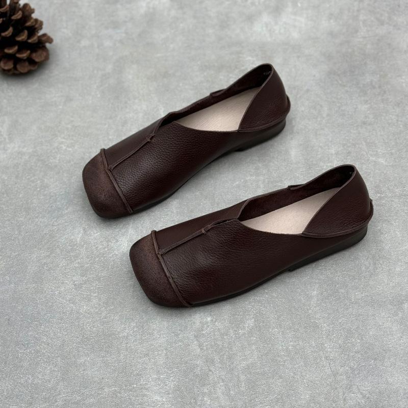 Genuine Leather Single Shoes for Spring and Summer Artistic Square Toe Flat Shoes for Lazy People Soft Cowhide Women's Shoes