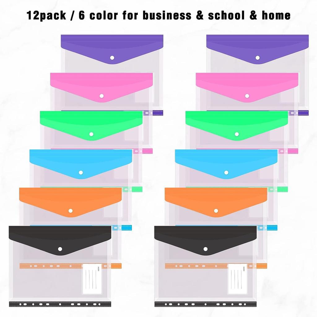 12pcs Pocket Plastic A4 Binder Envelopes Binder Folders 11 Holes Expandable Binder Folders Document Pouch With Snap Button Label Looseleaf